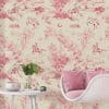 Magical pink wallpaper with galloping horses and unicorns for a fairytale-inspired room.