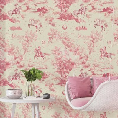 Magical pink wallpaper with galloping horses and unicorns for a fairytale-inspired room.