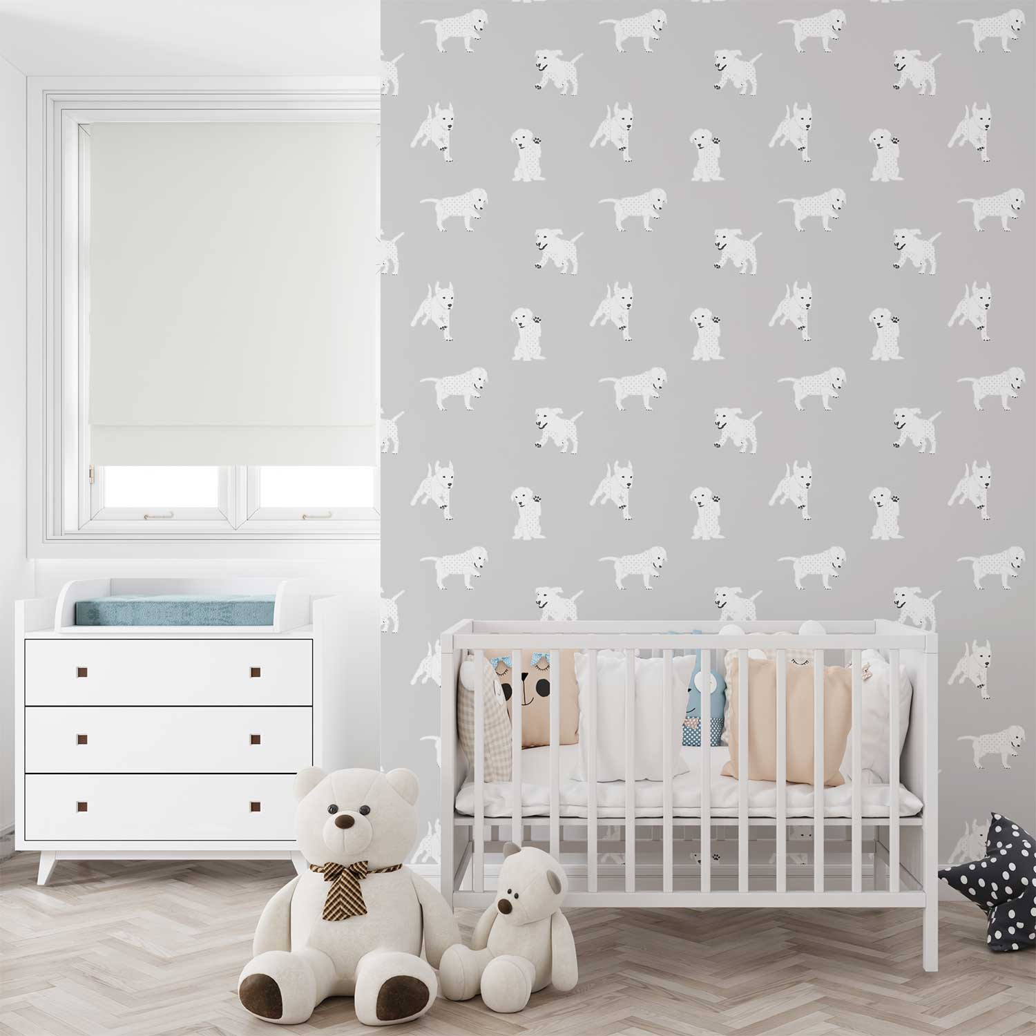 Adorable puppy wallpaper for a cozy baby room
