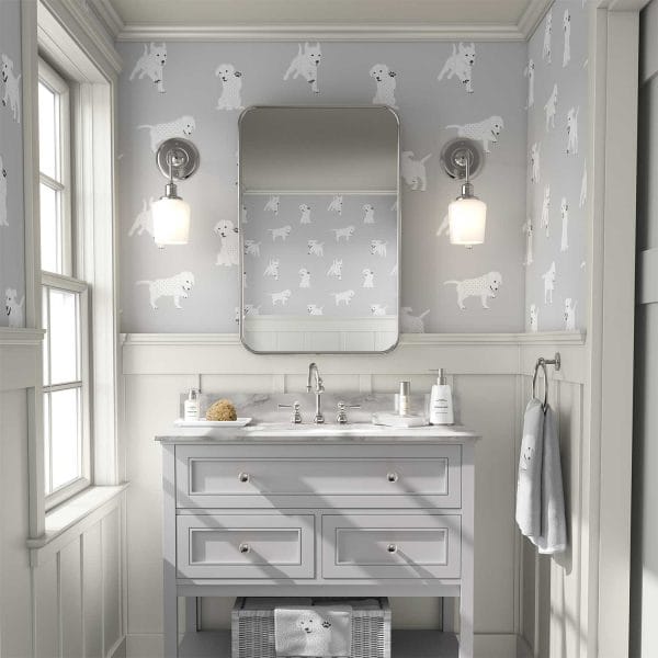 Fun dog-themed wallpaper for children's bathroom decor
