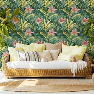 Coastal-style living room with tropical wallpaper background