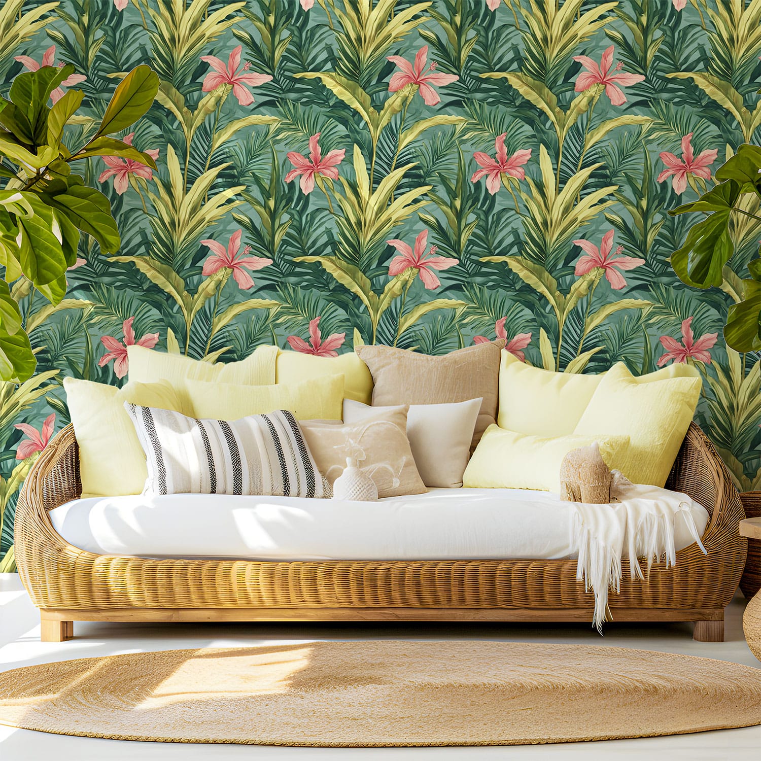 Coastal-style living room with tropical wallpaper background