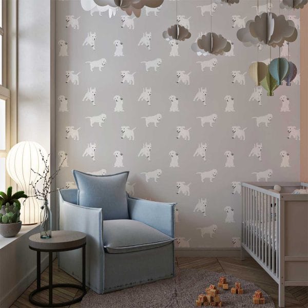 Soft gray dog wallpaper for a baby nursery