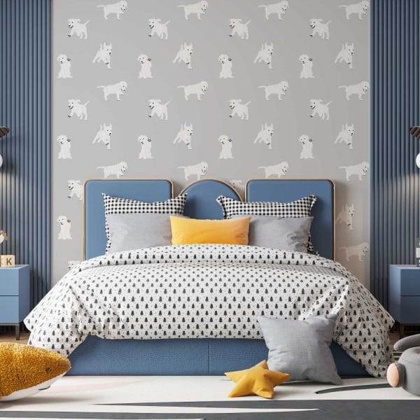 Gray dog wallpaper for boys' bedroom - playful and fun