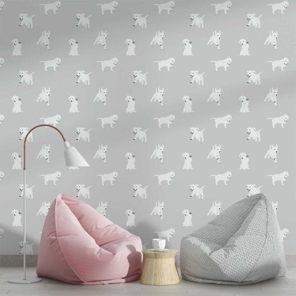 Playful puppy wallpaper for a fun and cozy play space