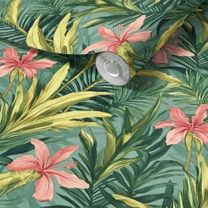 Tropical peel and stick wallpaper detail with floral and foliage elements