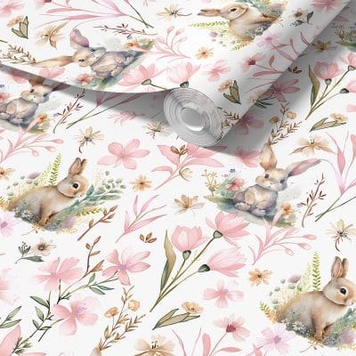 Sample of pink floral bunny wallpaper