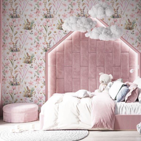 Child's room with floral bunny wallpaper