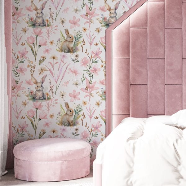 Elegant girls bedroom with pink bunny wallpaper