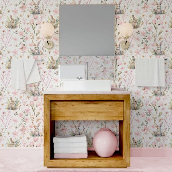 Elegant pink bunny rabbit wallpaper in a girls bathroom