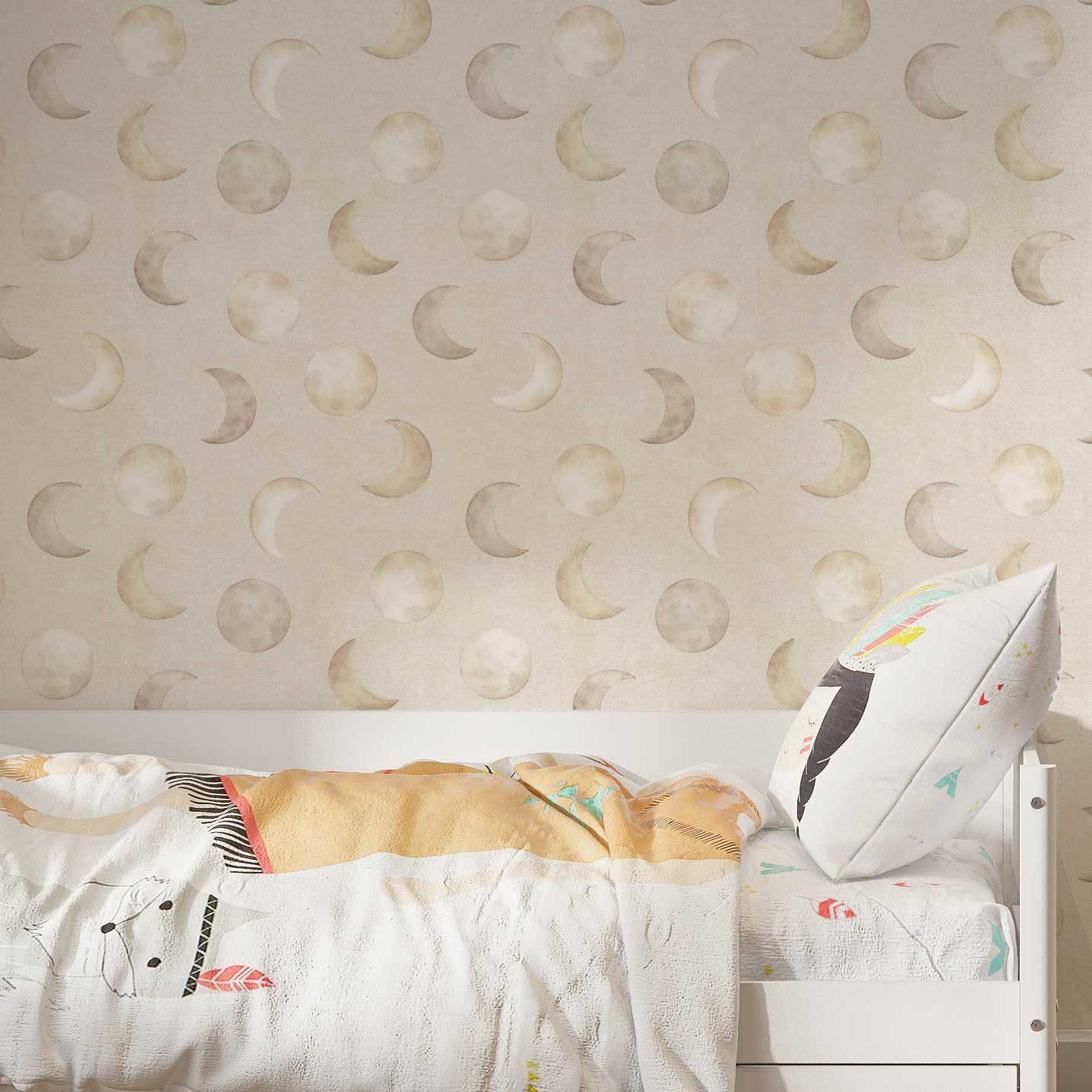 Neutral moon wallpaper in bedroom with soft beige bedding