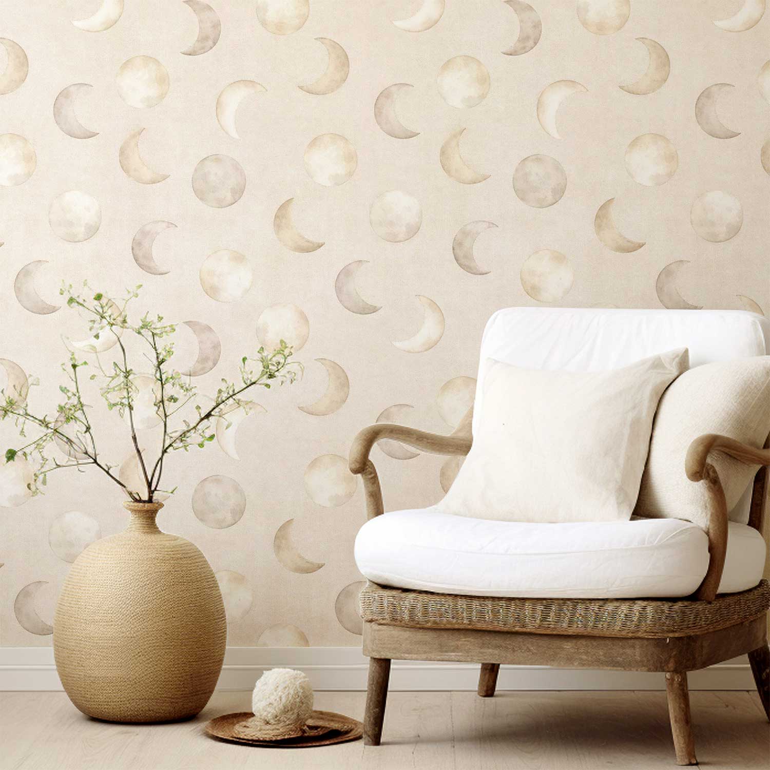 Oatmeal moon wallpaper in family living room with natural textures