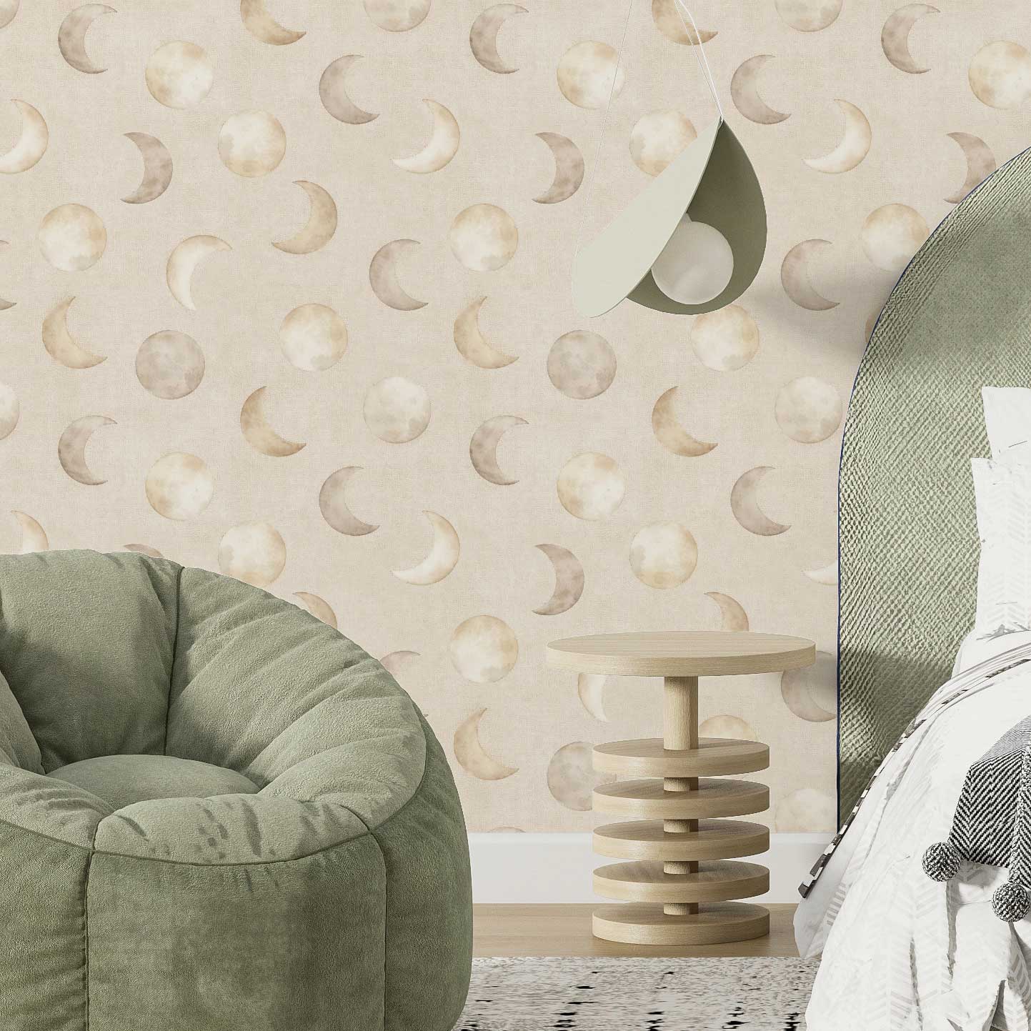 Oatmeal moon wallpaper in modern neutral bedroom interior