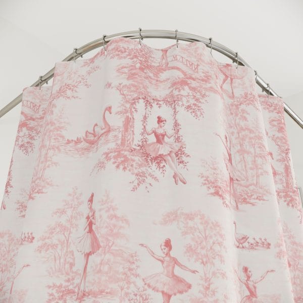 Pink girls shower curtain with ballerina and swan toile pattern