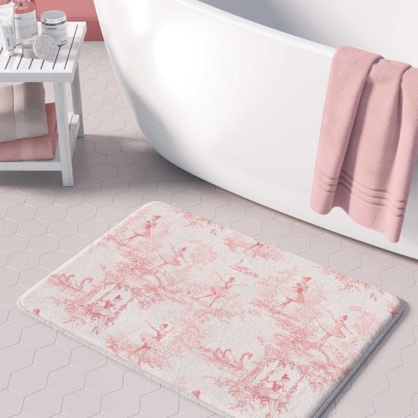 Pink ballerina bath mat for girls bathroom with soft memory foam and non slip backing