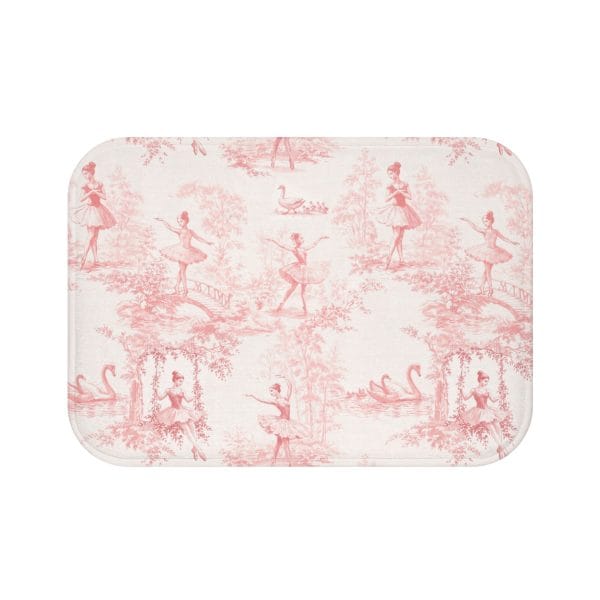 Ballet bath mat with pink ballerina toile design and swans on off white background