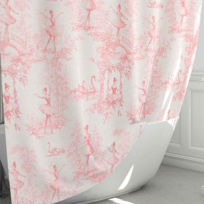 Soft pink ballet toile shower curtain for kids’ bathroom decor