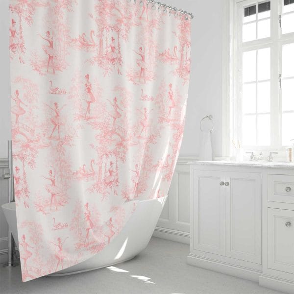 Storybook-style pink girls shower curtain with ballet motifs