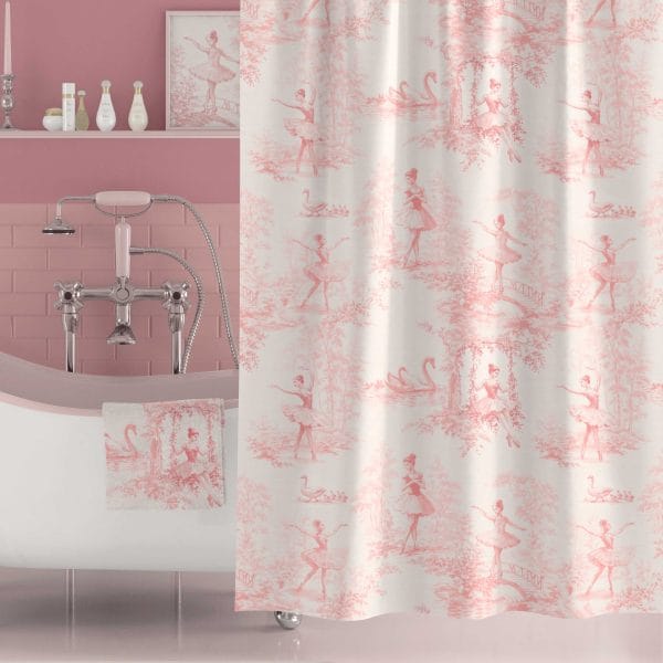 Premium fabric pink girls shower curtain with ballet design