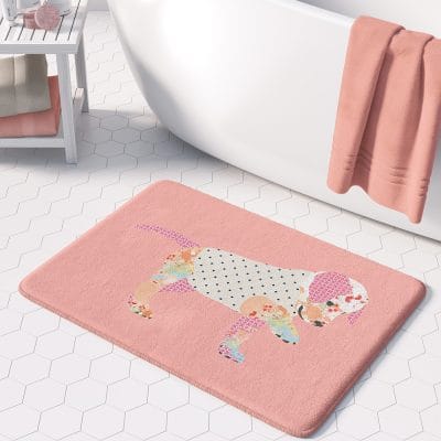 Stylised pink puppy bath mat design kids bathroom decor memory foam rug