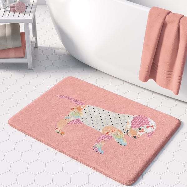 Stylised pink puppy bath mat design kids bathroom decor memory foam rug