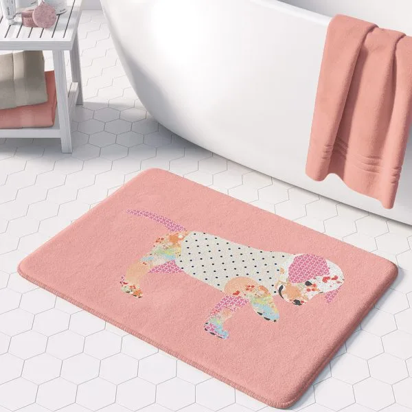 Stylised pink puppy bath mat design kids bathroom decor memory foam rug