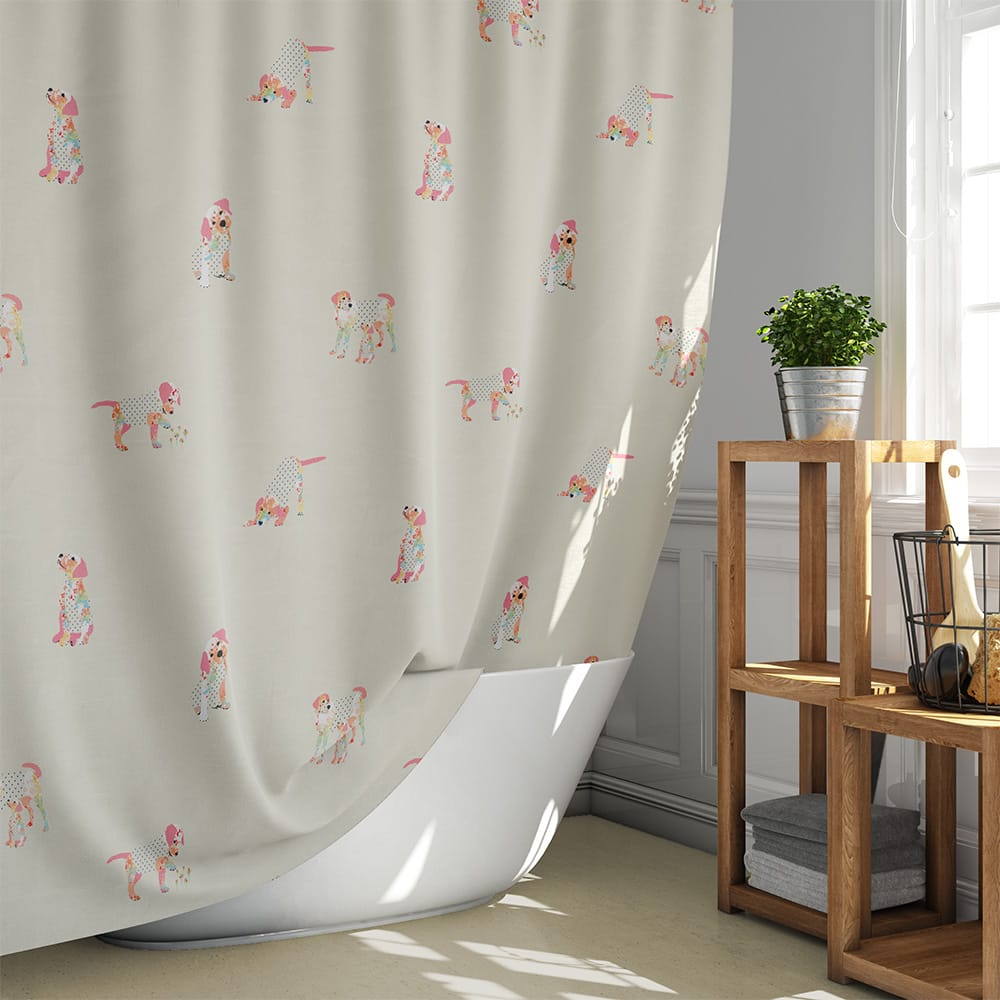 Cute Puppy Dog Shower Curtain Beige And Pink Kids Bathroom Decor - Image 6