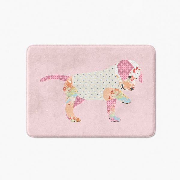 Stylised pink puppy bath mat design kids bathroom decor memory foam rug