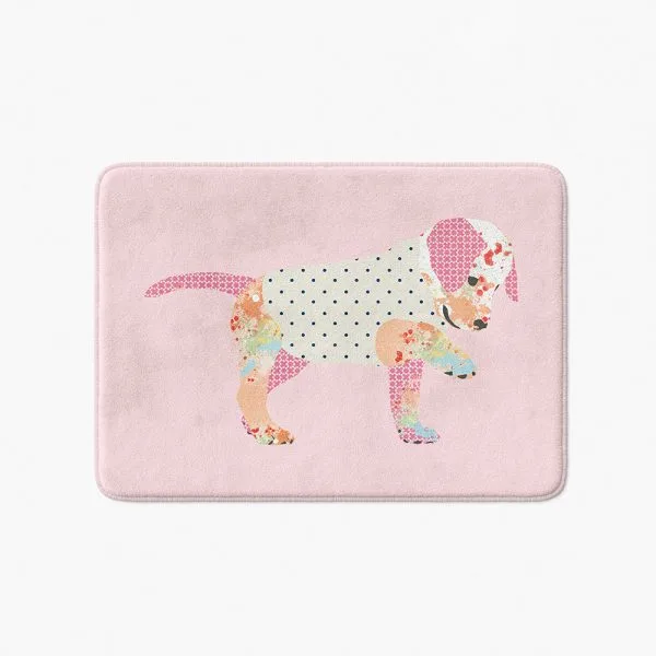 Stylised pink puppy bath mat design kids bathroom decor memory foam rug