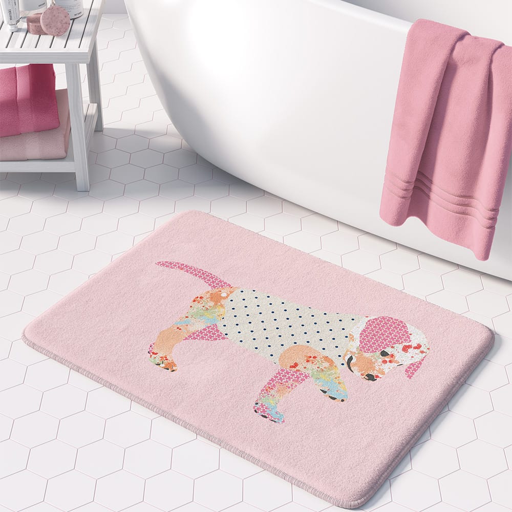 Pink puppy bath mat in girls bathroom decor non slip rug kids bathroom