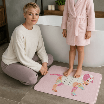 Child stepping on pink puppy bath mat soft memory foam bathroom rug