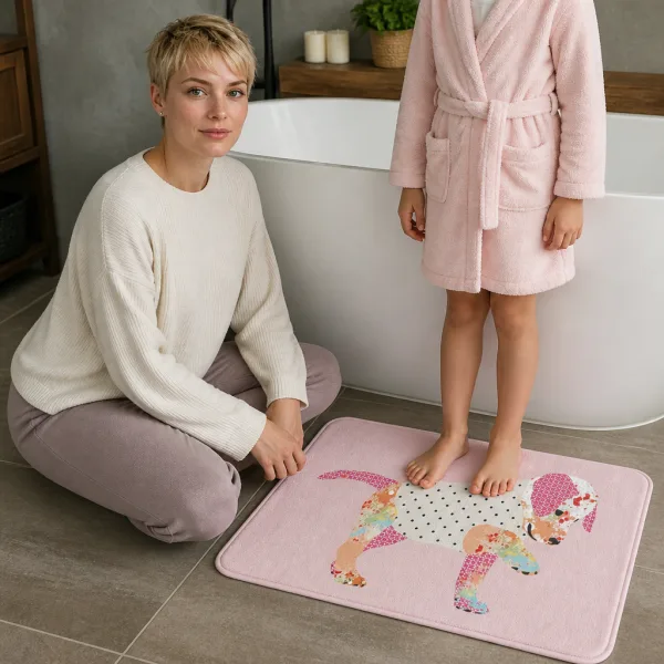 Child stepping on pink puppy bath mat soft memory foam bathroom rug