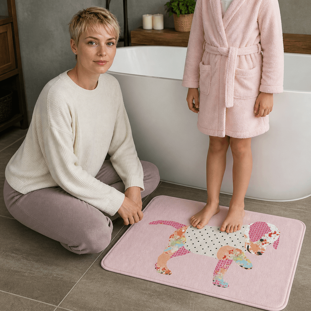 Child stepping on pink puppy bath mat soft memory foam bathroom rug