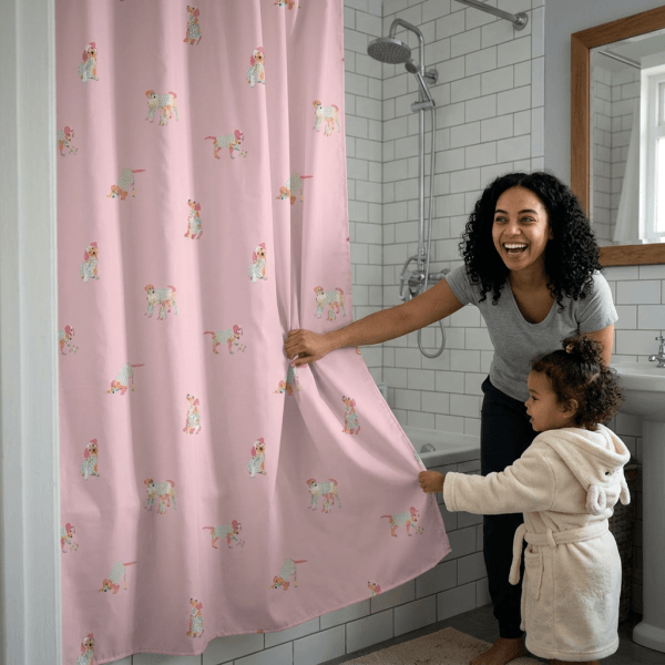 Girls bathroom with pink puppy shower curtain kids bathroom makeover