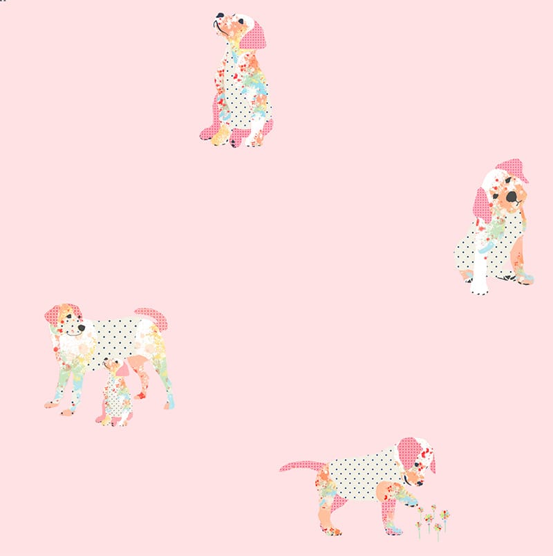 Close up puppy pattern pink shower curtain kids bathroom decor
