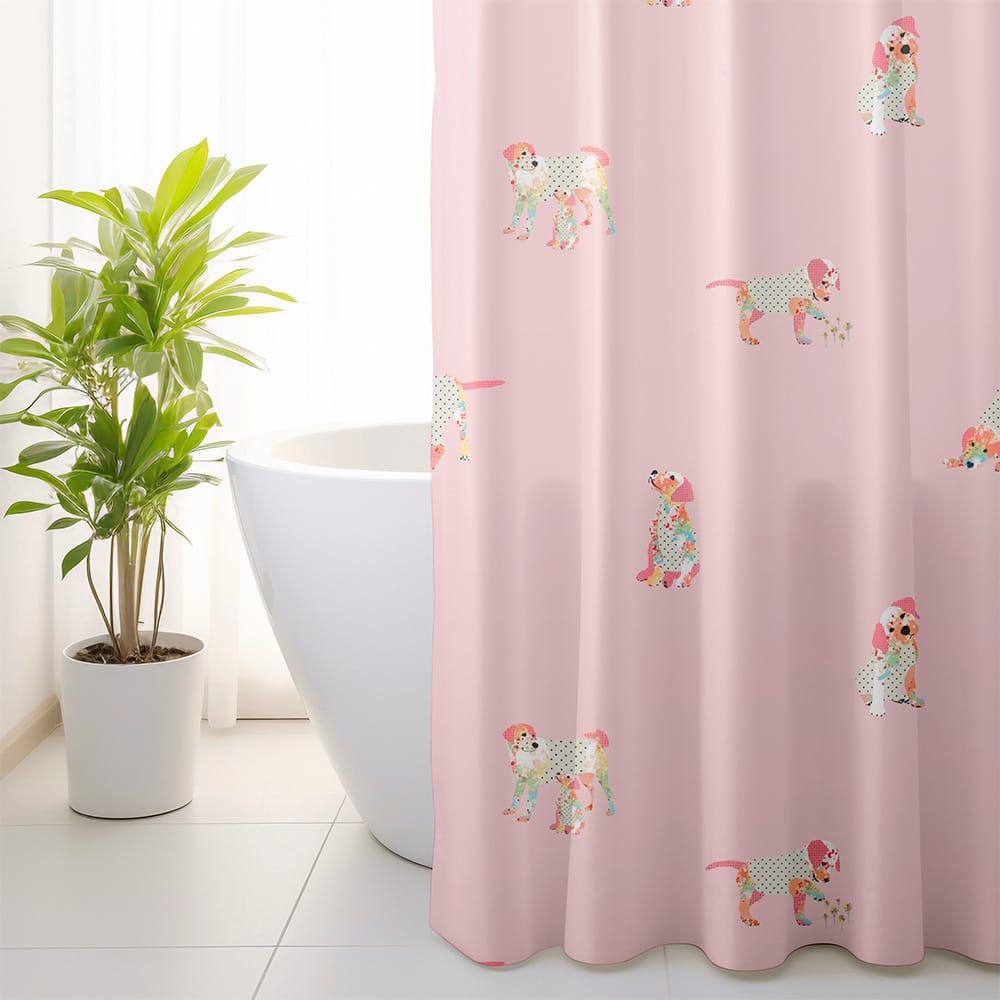 Pink puppy dog shower curtain for girls bathroom decor pretty pink background
