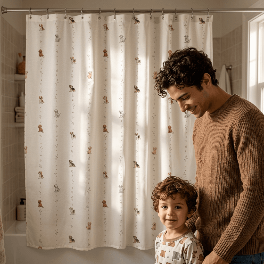 Childrens Bathroom Shower Curtain With Cute Puppy Dog Stripe - Image 3