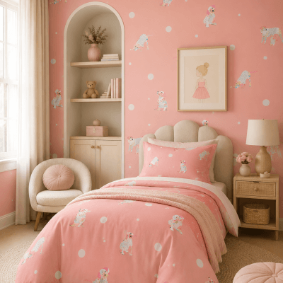 Pink Polkadot Dog Wallpaper in a stylish girls bedroom with matching bedding