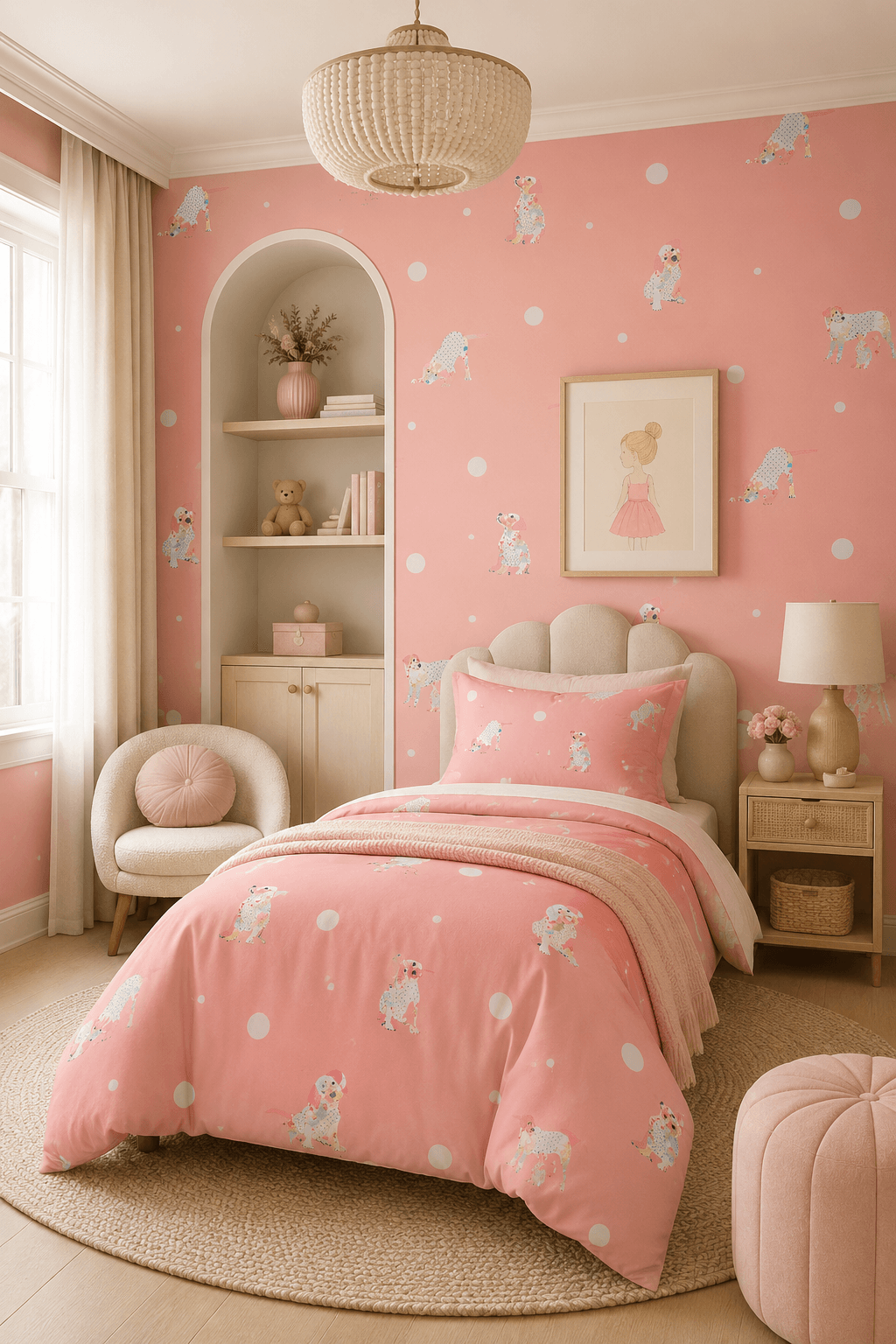 Pink Polkadot Dog Wallpaper in a stylish girls bedroom with matching bedding
