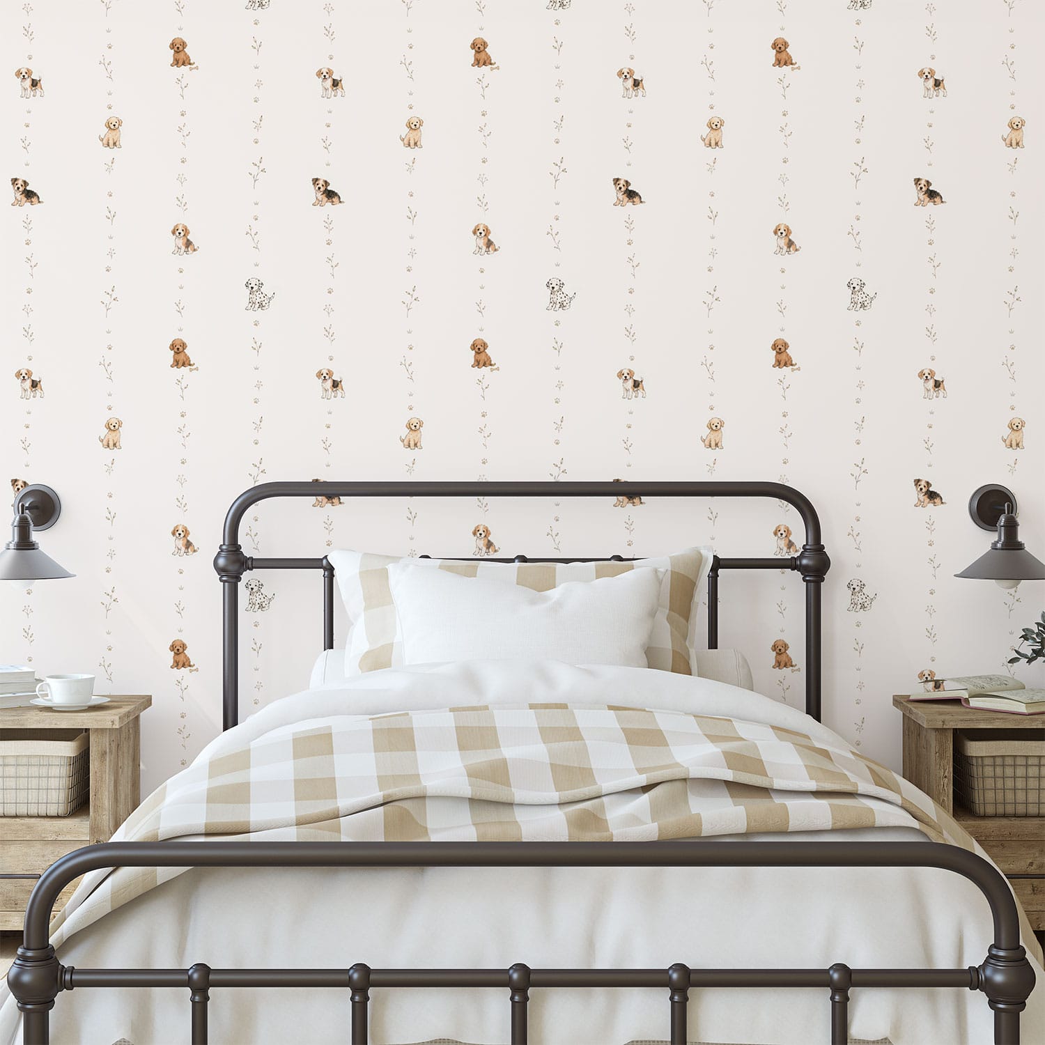 Boys Bedroom Puppy Wallpaper with Neutral Dog Design