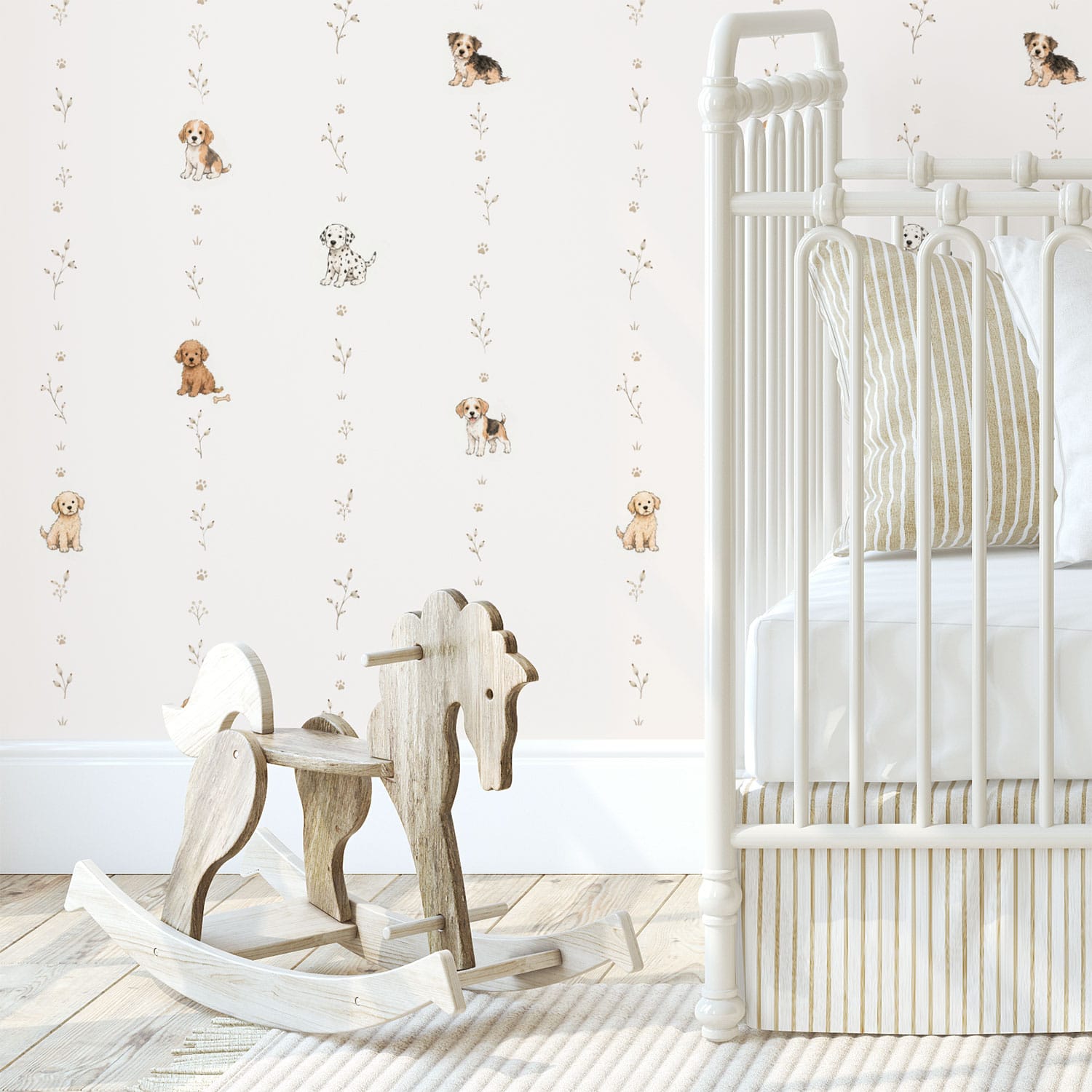 Beige Puppy Wallpaper with Woodland Inspired Pattern