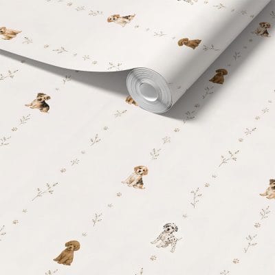 Neutral Puppy Wallpaper with Cute Dog and Nature Pattern