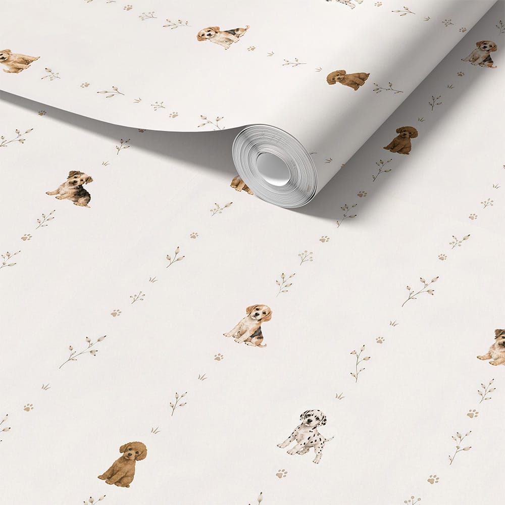 Neutral Puppy Wallpaper with Cute Dog and Nature Pattern
