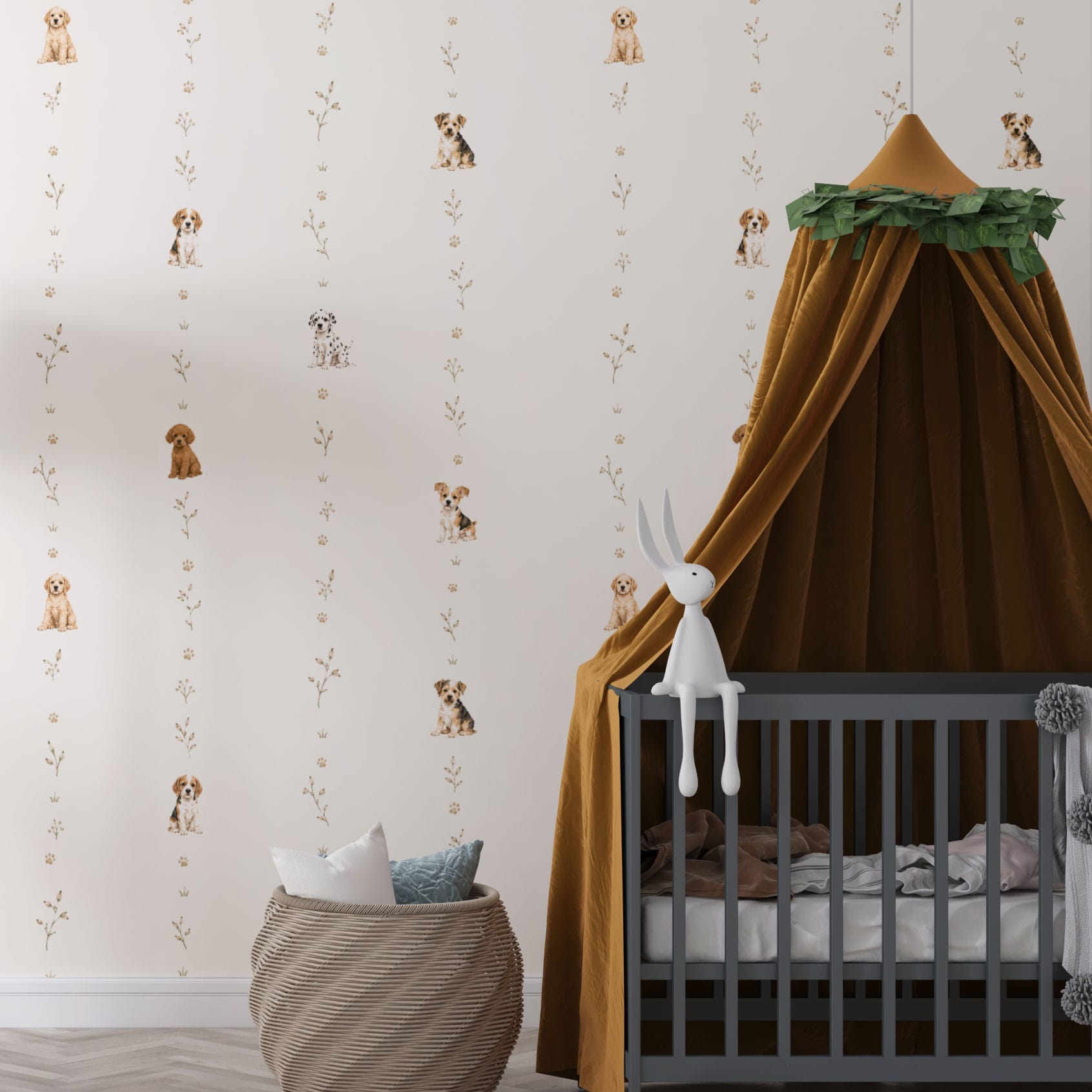 Boys Bedroom Puppy Wallpaper with Neutral Dog Design