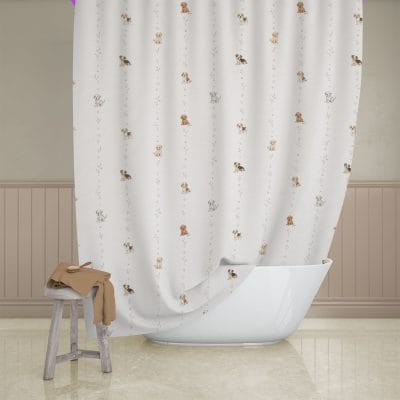 Childrens Bathroom Shower Curtain With Cute Puppy Dog Stripe