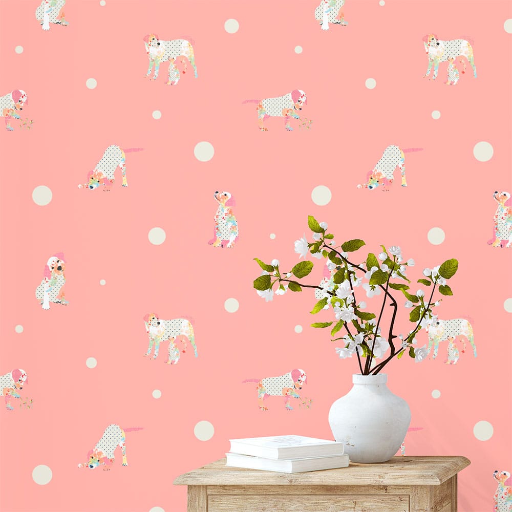 Close up of Pink Polkadot Dog Wallpaper showing puppy illustration and soft texture