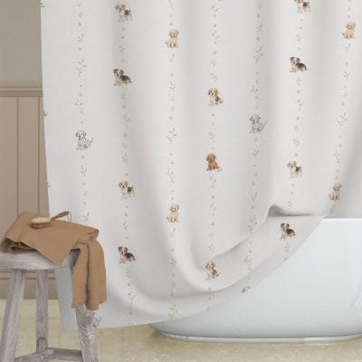 Childrens Bathroom Shower Curtain With Cute Puppy Dog Stripe