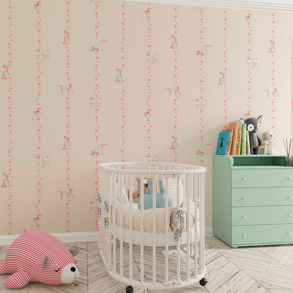 Neutral Nursery Wallpaper with Cute Puppy Dogs and Pink Polka Dots