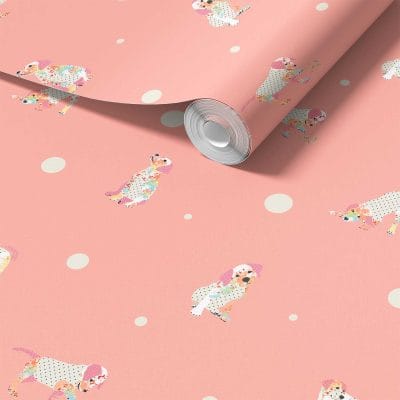 Pink Polkadot Dog Wallpaper roll with cute puppy pattern for girls bedroom