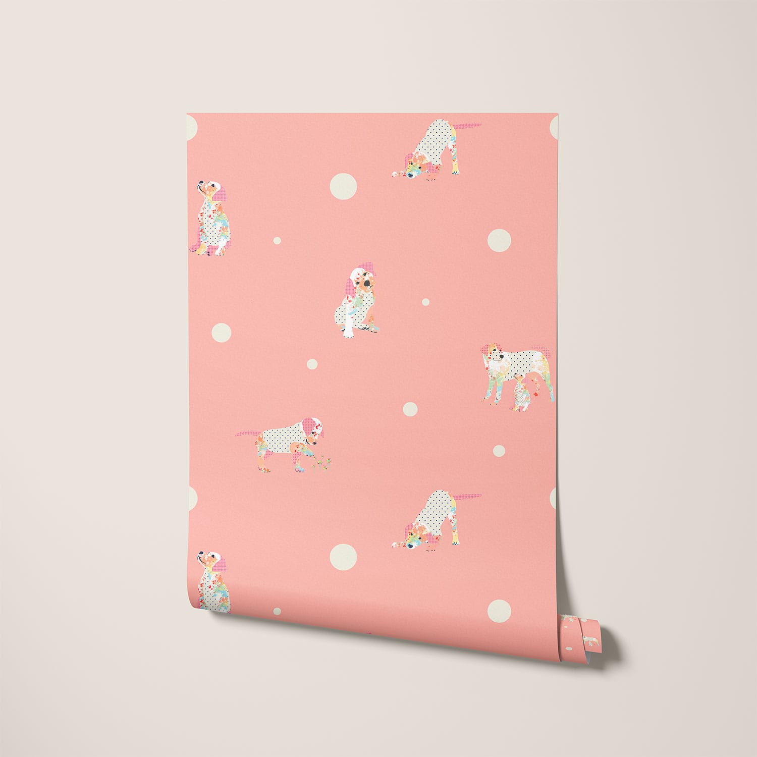 Cute dog wallpaper roll with pink polka dot pattern
